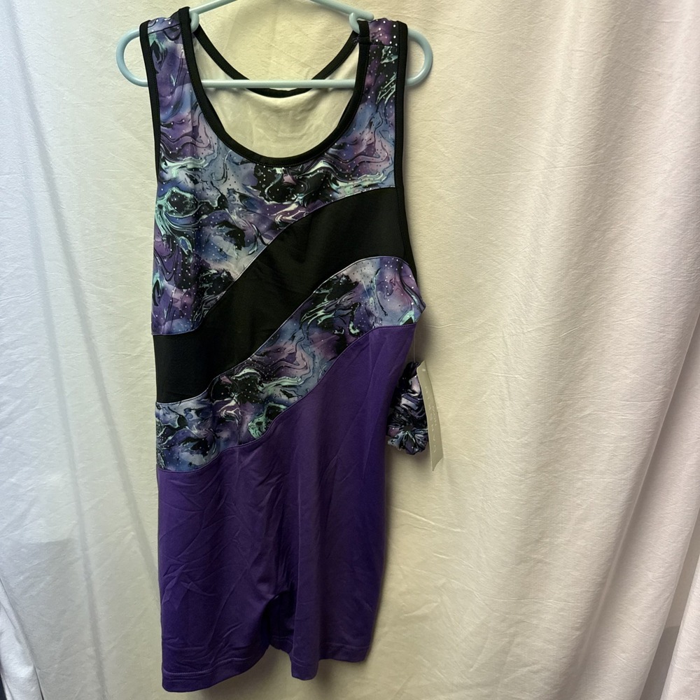 NWT Danskin Now Unitard Purple and Black matching Scrunchie Gymnastics‎ Dance XL